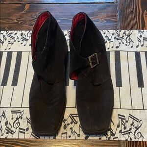 Salvatore Ferragamo Black Suede Monk Strap Square Toe Rubber Sole Booties
